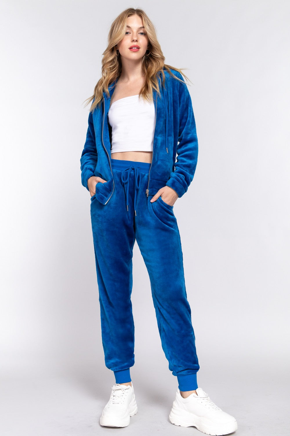 ACTIVE BASIC Faux Fur Zip Up Long Sleeve Hoodie and Joggers Set - The Boutie Shop