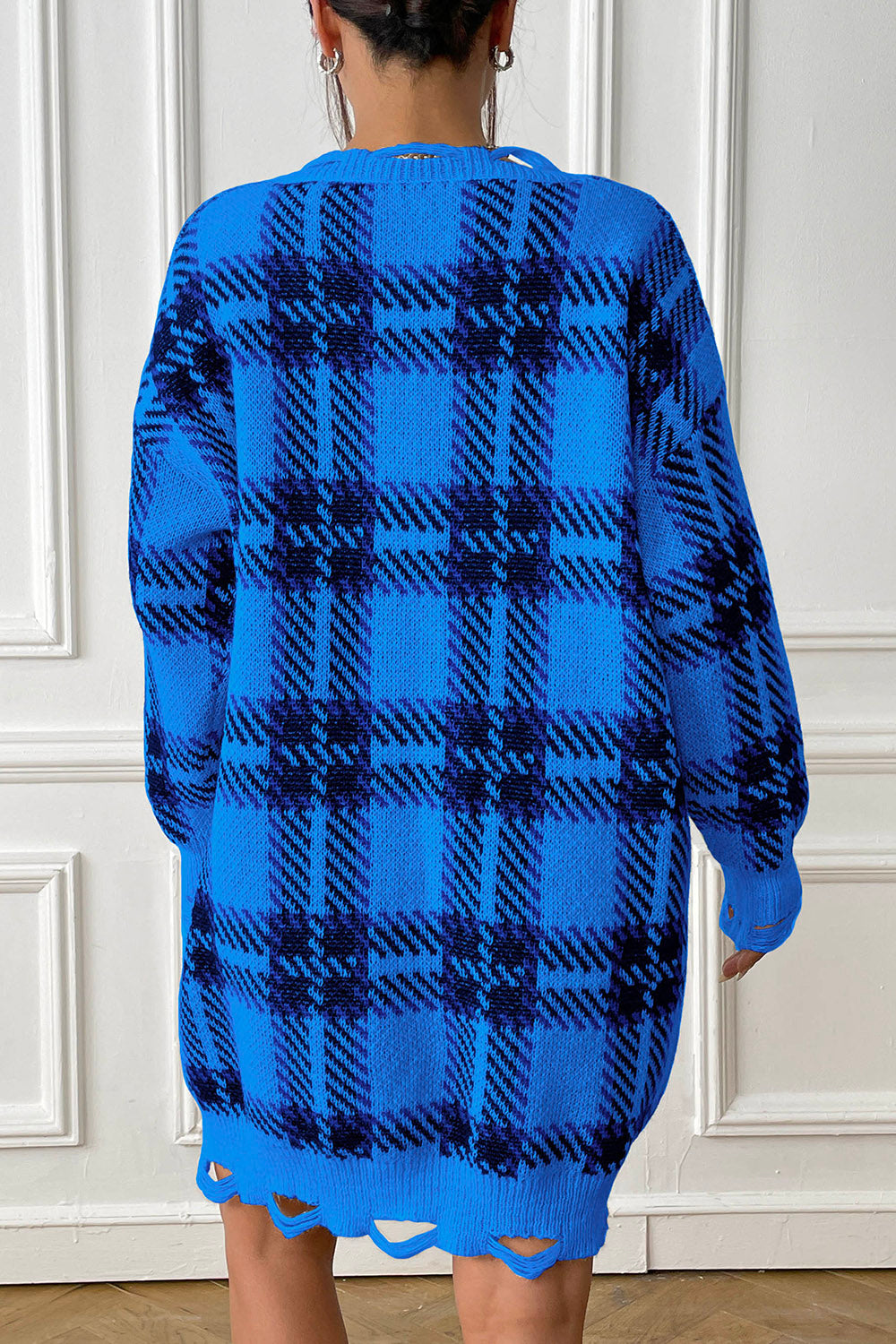 Plaid V-Neck Long Sleeve Sweater Dress - The Boutie Shop