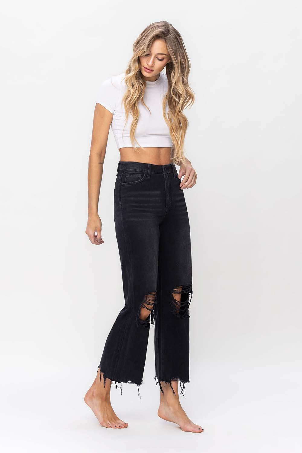 Vervet by Flying Monkey Vintage Ultra High Waist Distressed Crop Flare Jeans - The Boutie Shop