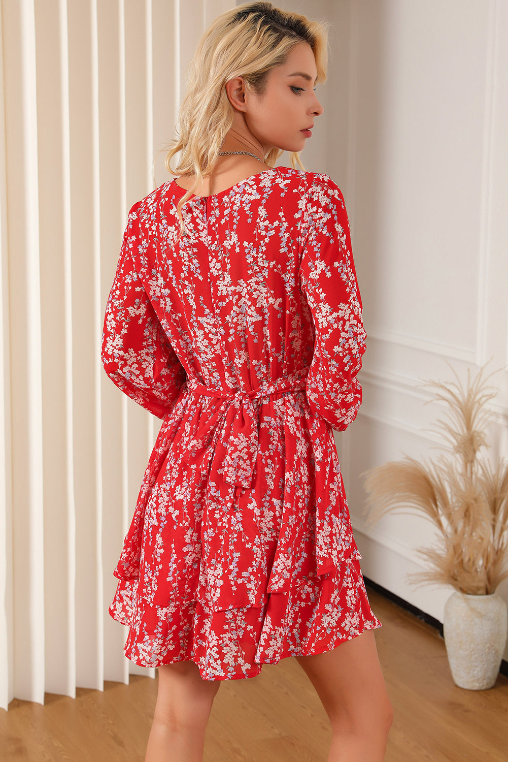 Printed Surplice Balloon Sleeve Layered Dress - The Boutie Shop