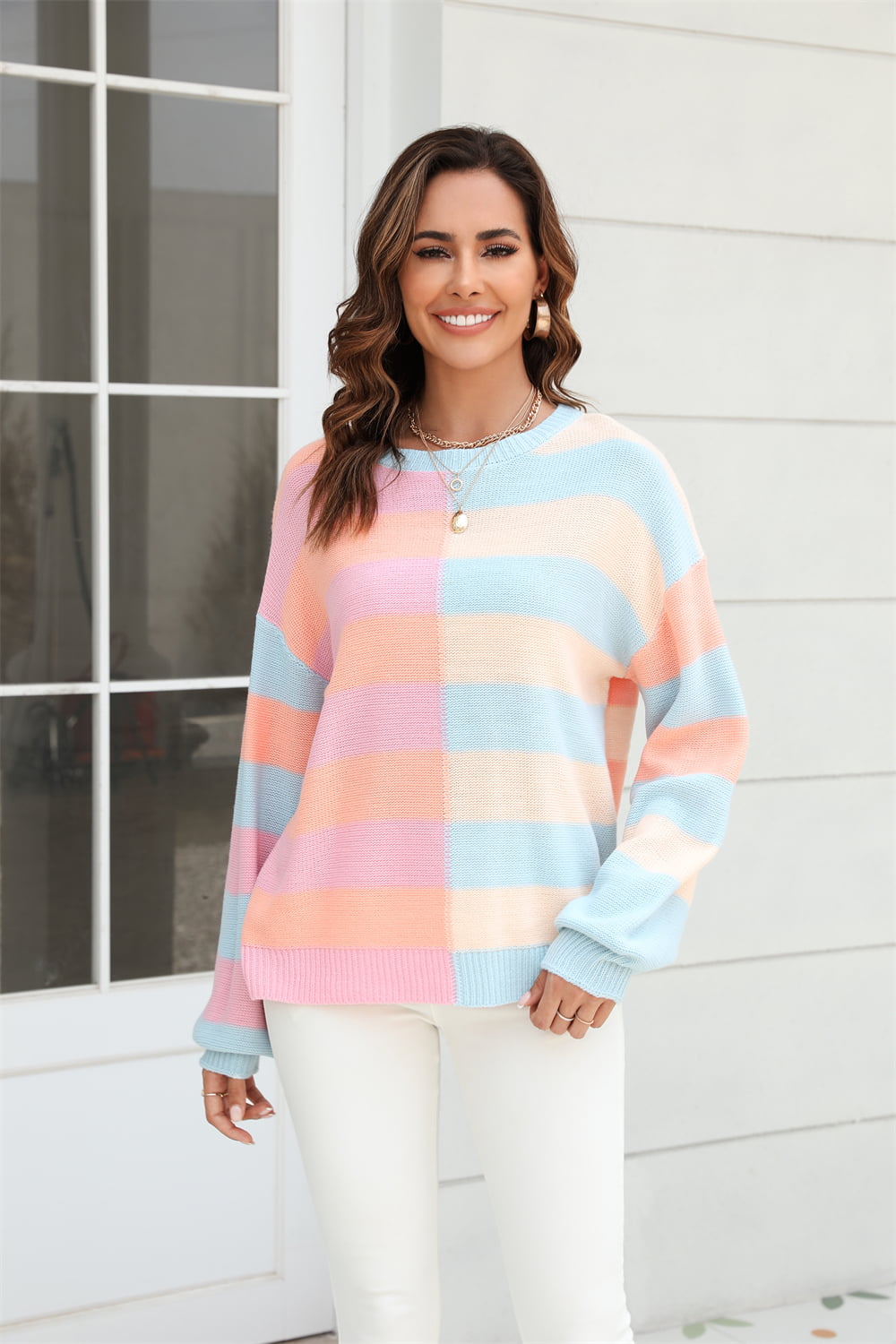 Angel Wings Round Neck Long Sleeve Color Block Dropped Shoulder Pullover Sweater - The Boutie Shop