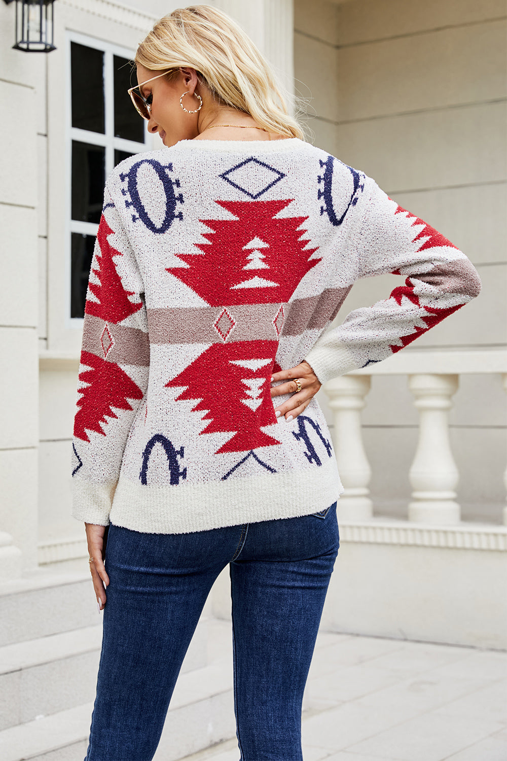 Printed Round Neck Long Sleeve Sweater - The Boutie Shop