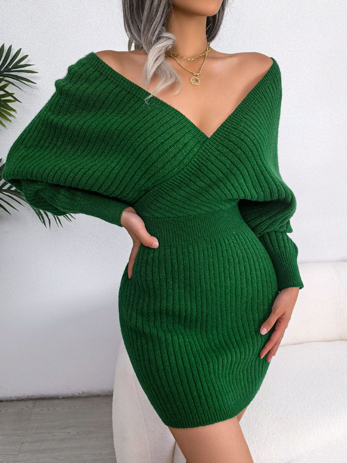 Rib-Knit Dolman Sleeve Sweater Dress - The Boutie Shop