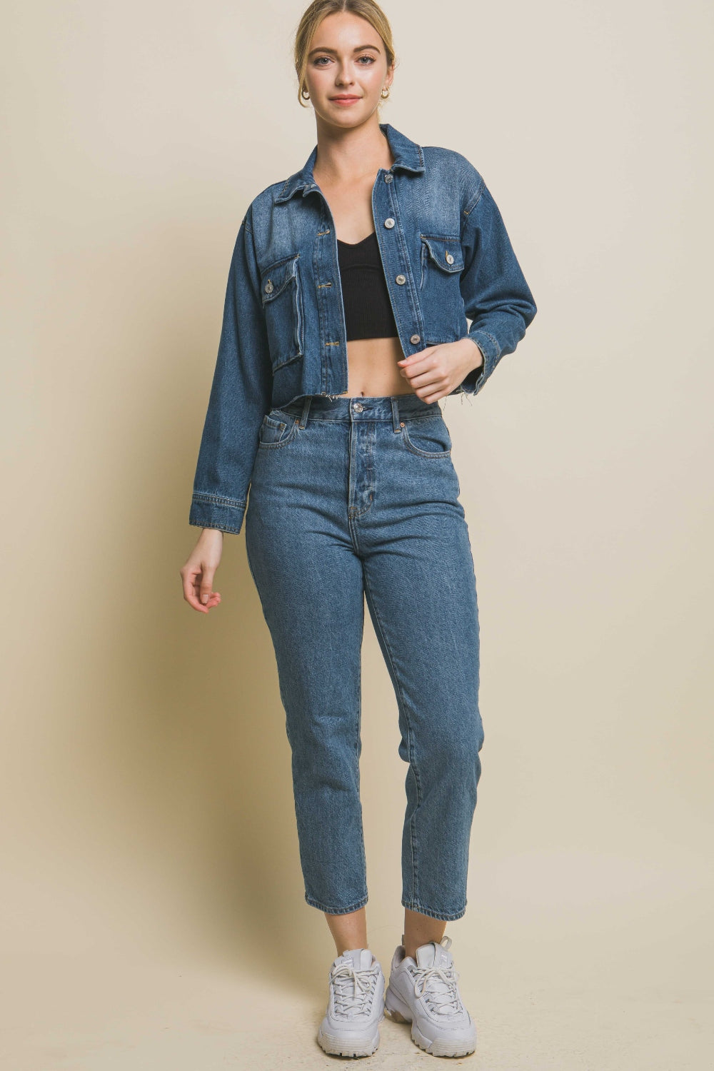 Love Tree Raw Hem Button Up Cropped Denim Jacket - The Boutie Shop