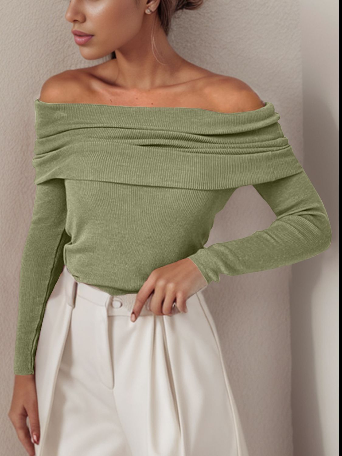 Off-Shoulder Long Sleeve Sweater - The Boutie Shop