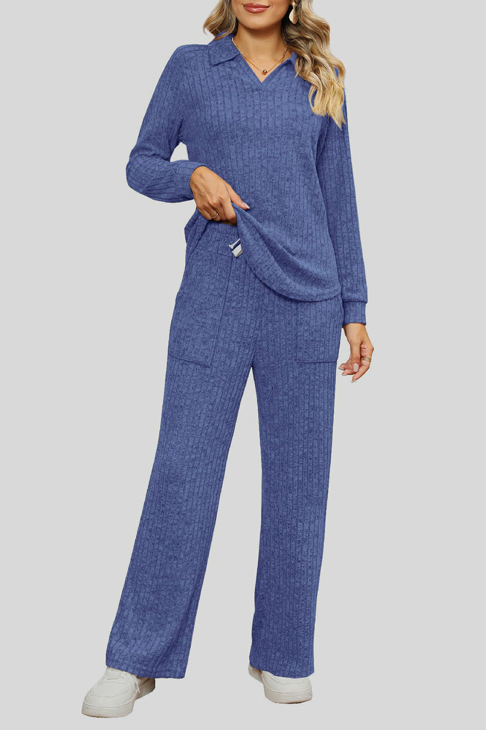 Ribbed Long Sleeve Top and Pocketed Pants Set - The Boutie Shop