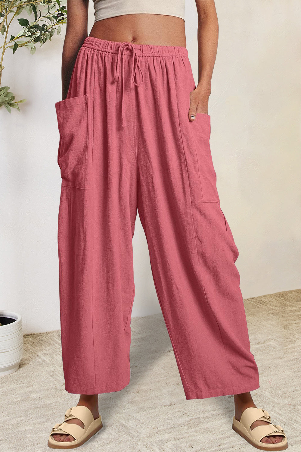 Full Size Pocketed Drawstring Wide Leg Pants - The Boutie Shop