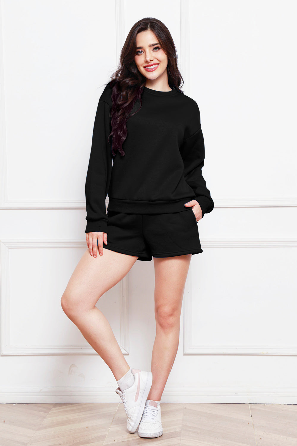 Round Neck Long Sleeve Sweatshirt and Drawstring Shorts Set - The Boutie Shop