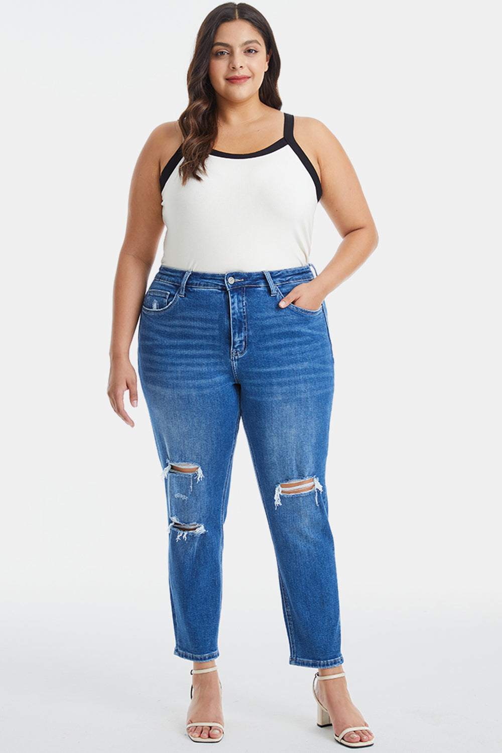 BAYEAS Full Size Distressed High Waist Mom Jeans - The Boutie Shop