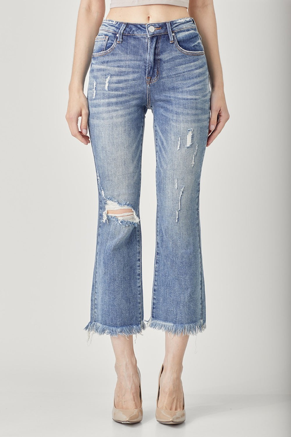 RISEN High Waist Distressed Cropped Bootcut Jeans - The Boutie Shop