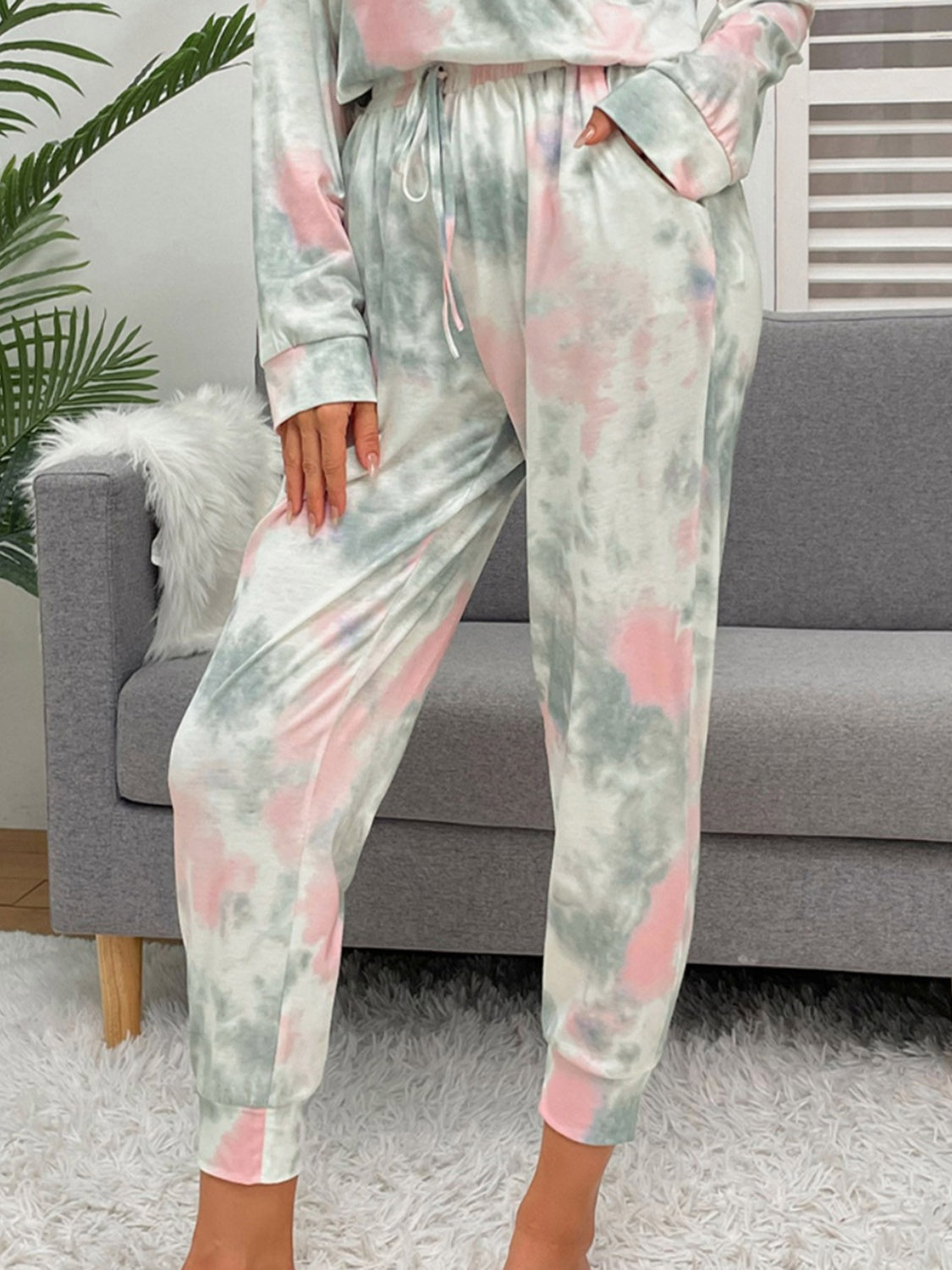 Shiny Tie-Dye Round Neck Top and Drawstring Pants Lounge Set - The Boutie Shop