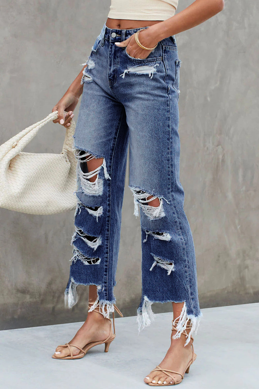 Distressed Raw Hem Jeans with Pockets - The Boutie Shop