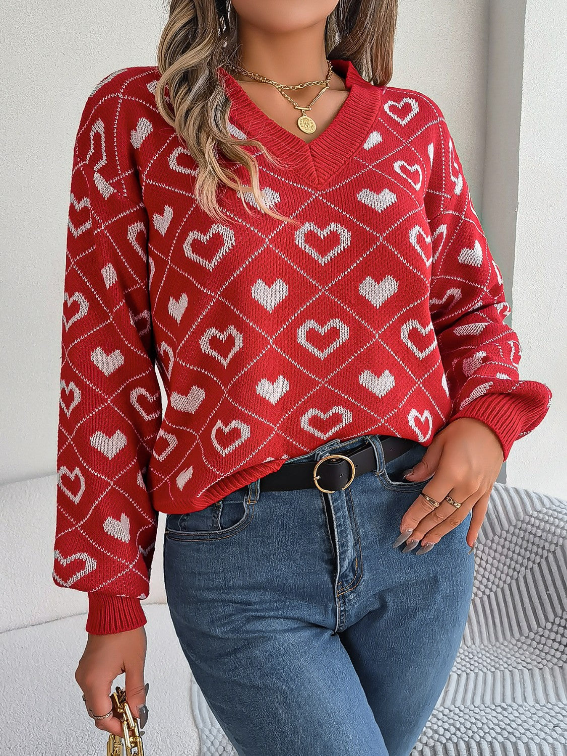 Heart Pattern V-Neck Long Sleeve Sweater - The Boutie Shop