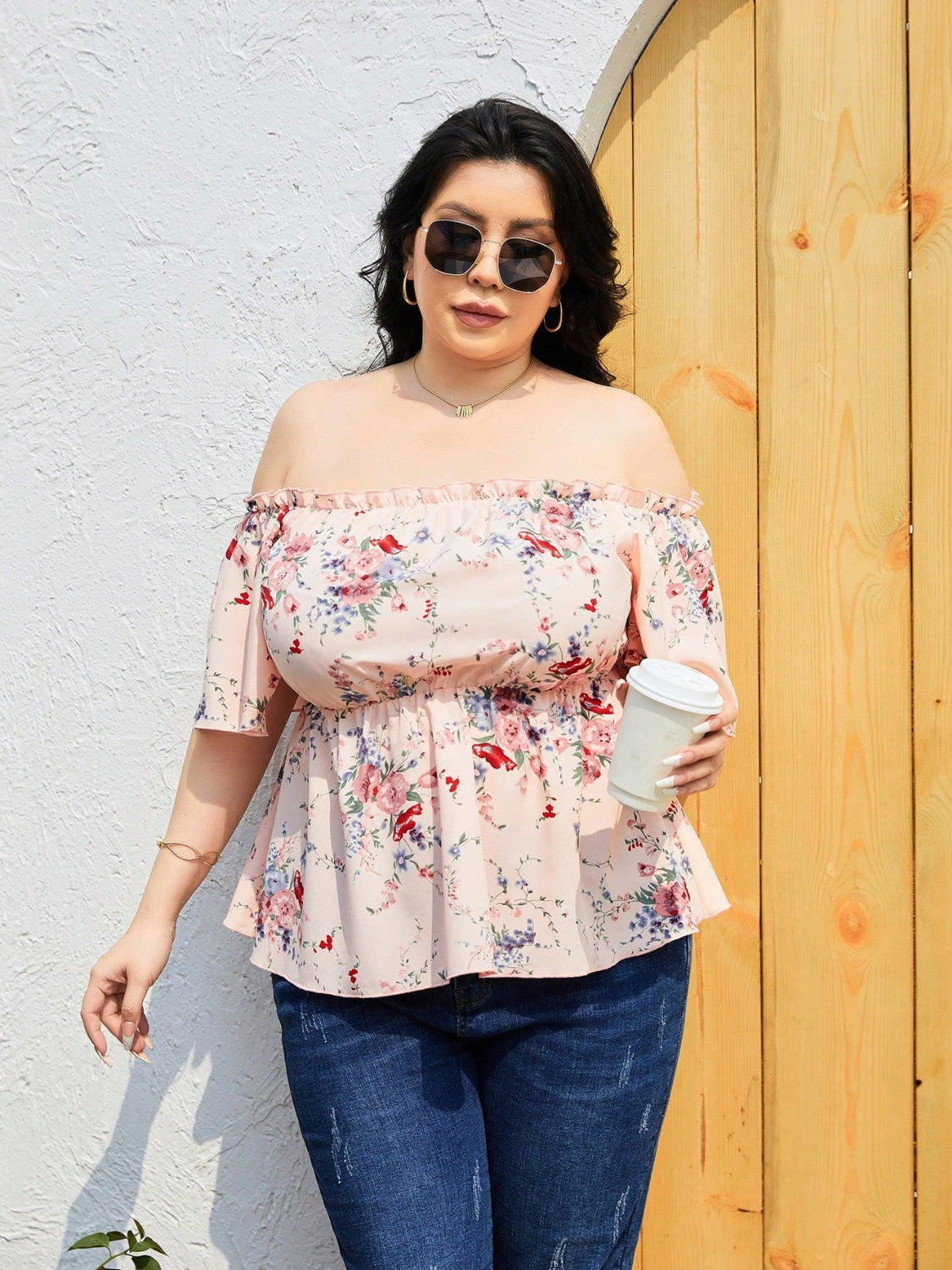 Plus Size Frill Printed Flutter Sleeve Blouse - The Boutie Shop