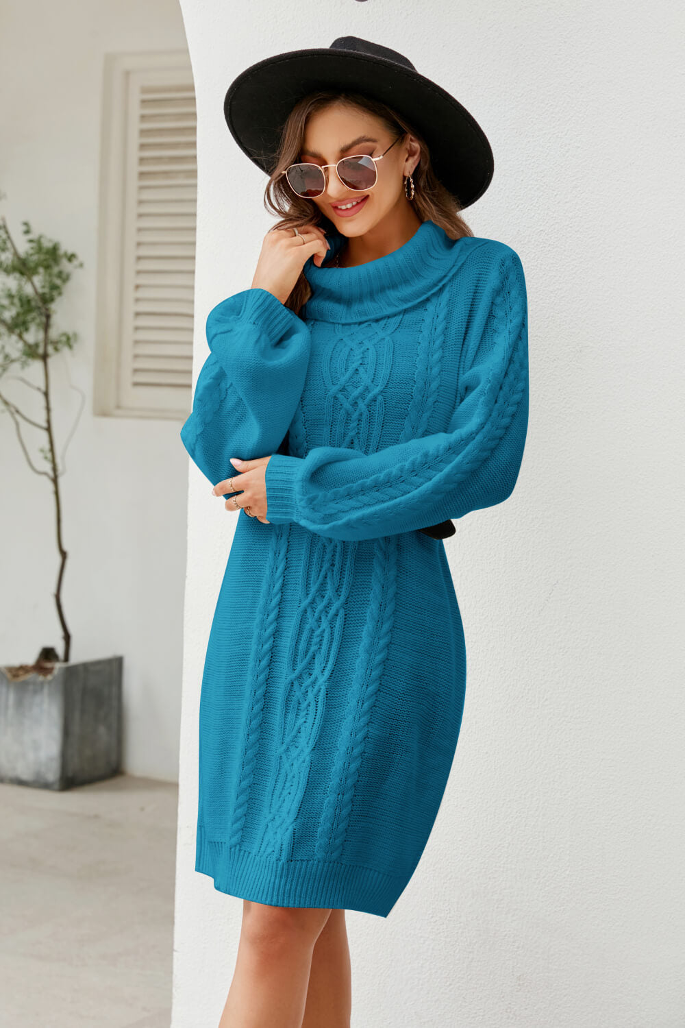 Woven Right Mixed Knit Turtleneck Lantern Sleeve Sweater Dress - The Boutie Shop