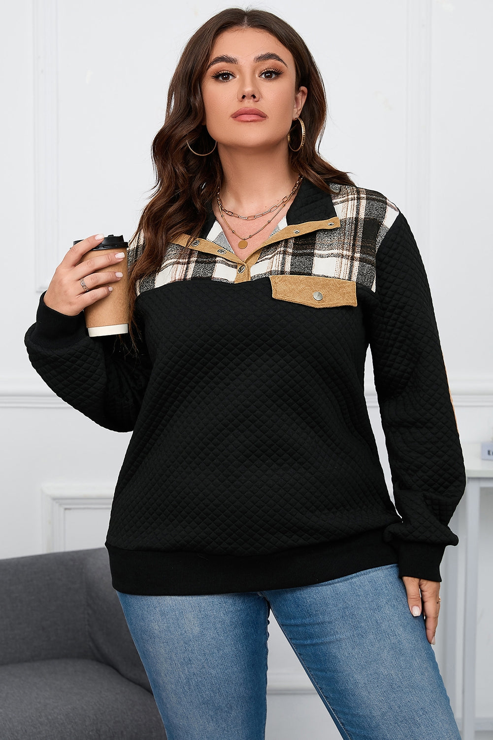 Plus Size Waffle-Knit Collared Neck Sweatshirt - The Boutie Shop