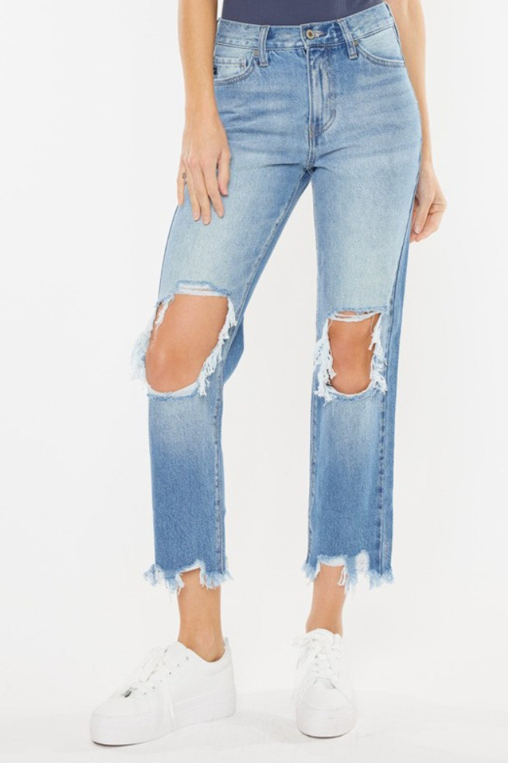 Kancan High Waist Chewed Up Straight Mom Jeans - The Boutie Shop