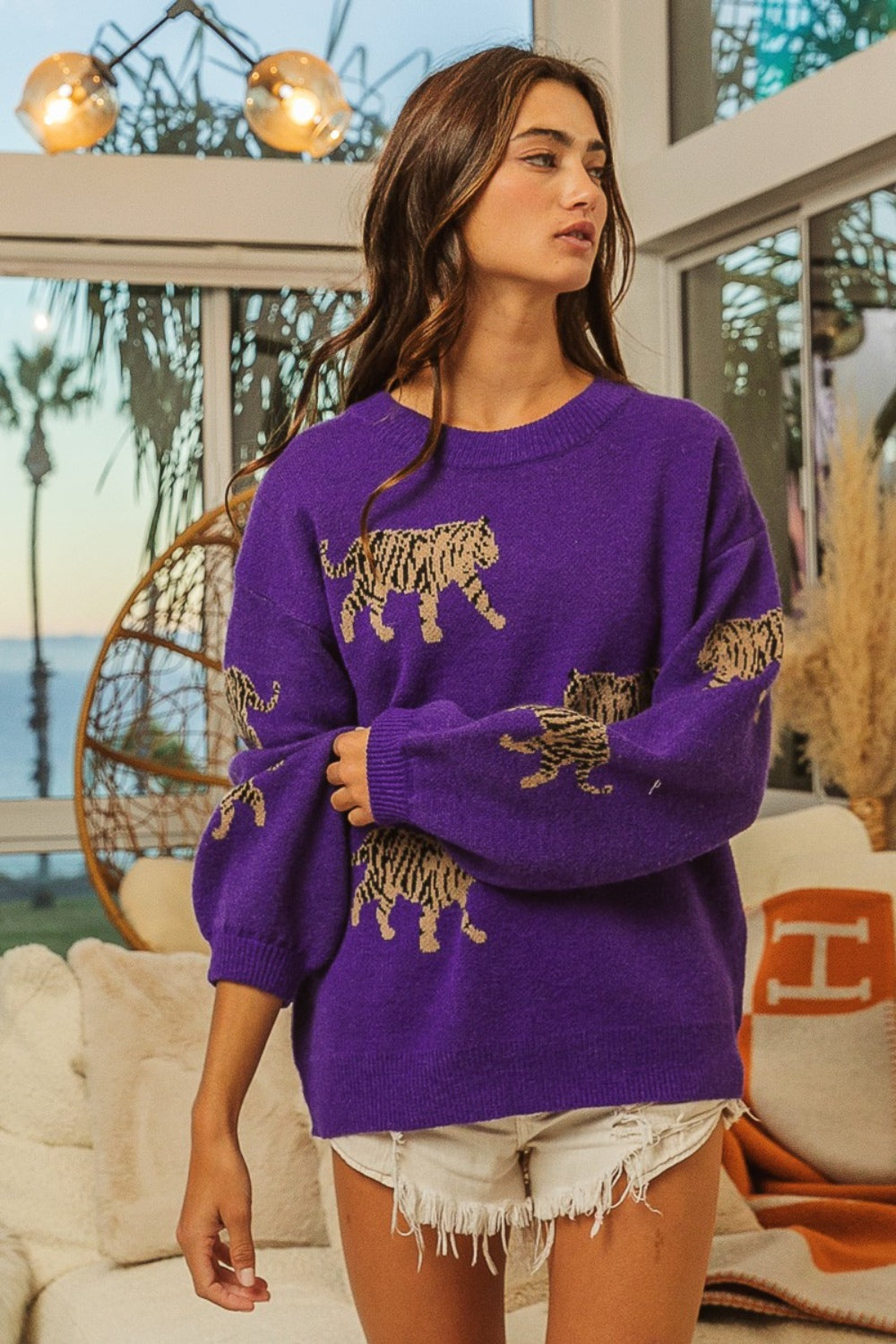 BiBi Tiger Pattern Long Sleeve Sweater - The Boutie Shop