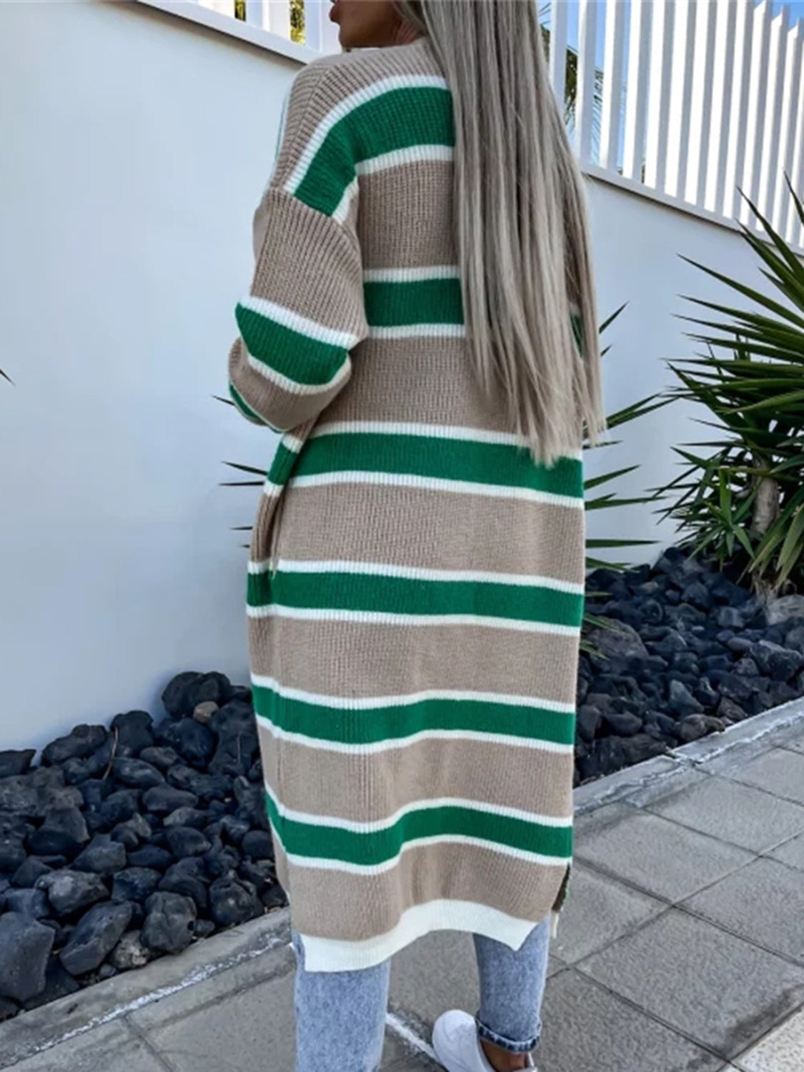 Striped Open Front Longline Cardigan - The Boutie Shop