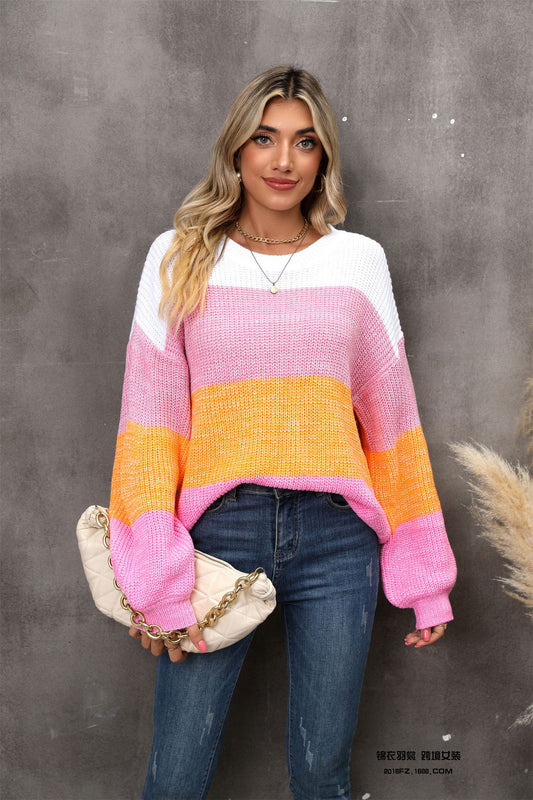 Angel Wings Color Block Round Neck Dropped Shoulder Sweater - The Boutie Shop