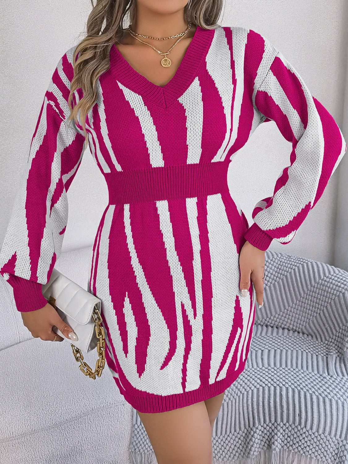 Animal Print V-Neck Long Sleeve Sweater Dress - The Boutie Shop