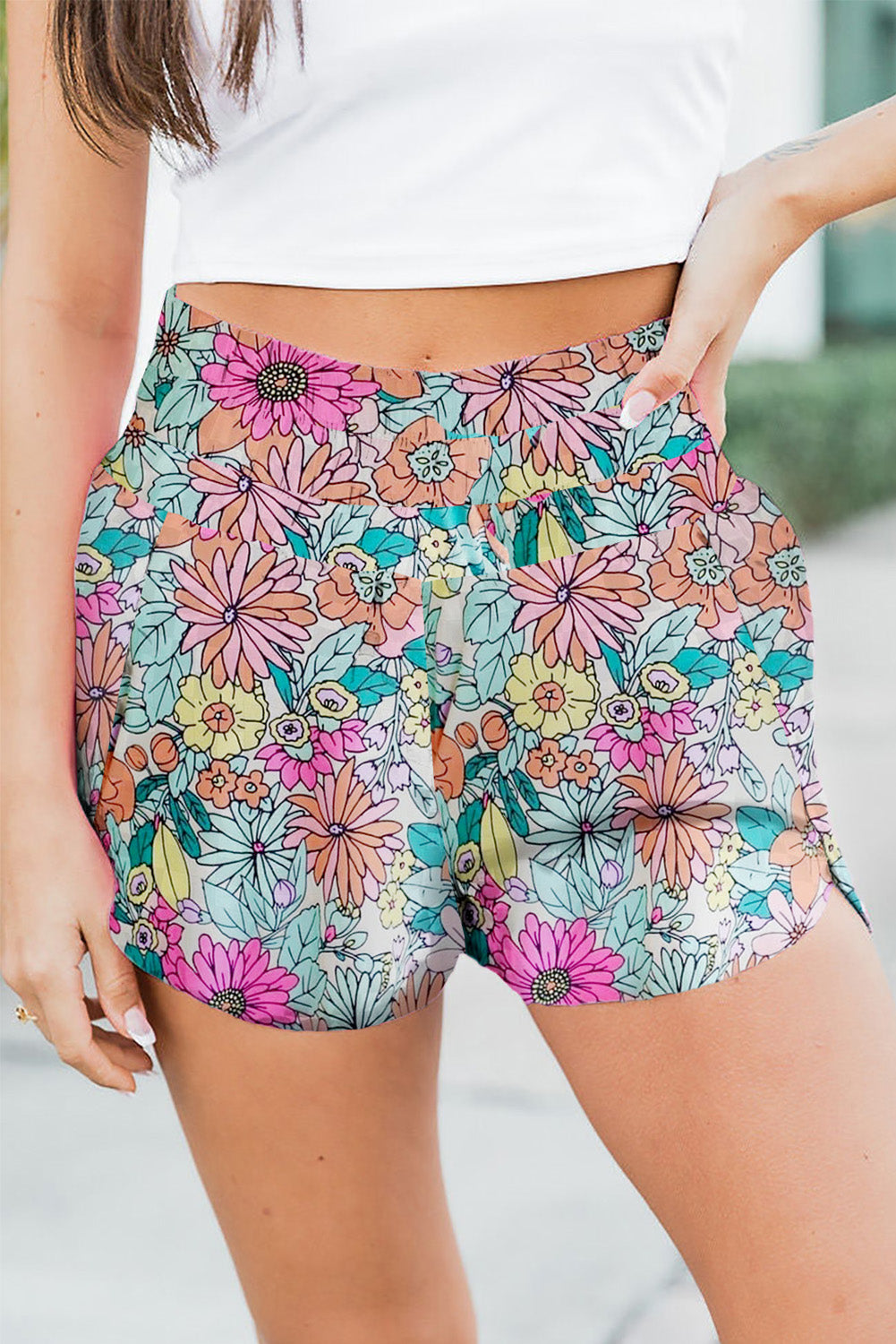 Floral Elastic Waist Shorts - The Boutie Shop