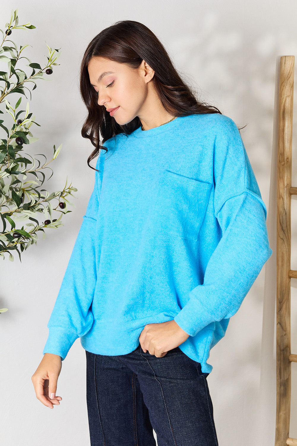 Zenana Round Neck Long Sleeve Sweater with Pocket - The Boutie Shop