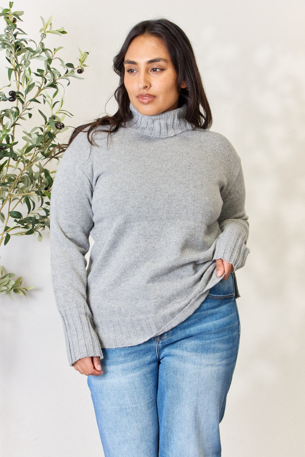 Heimish Full Size Turtleneck Long Sleeve Slit Sweater - The Boutie Shop