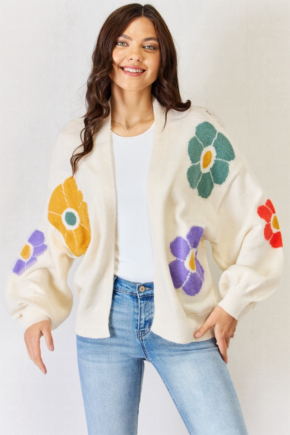 J.NNA Open Front Flower Pattern Long Sleeve Sweater Cardigan - The Boutie Shop