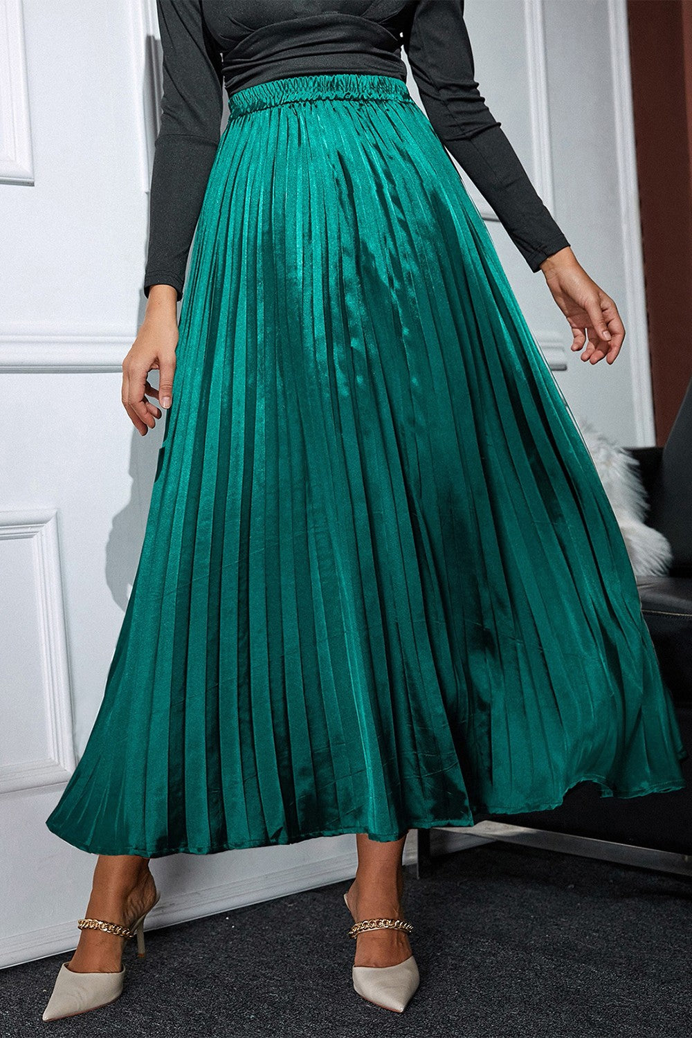 Pleated Elastic Waist Midi Skirt - The Boutie Shop