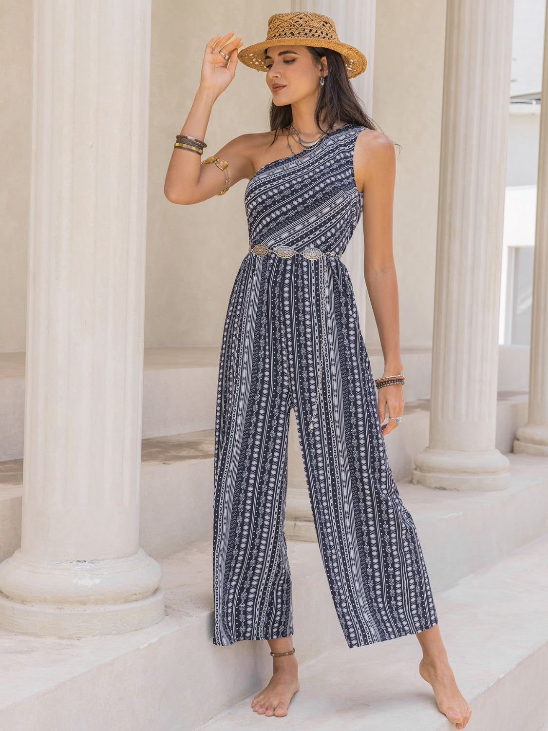 Printed Single Shoulder Sleeveless Jumpsuit - The Boutie Shop