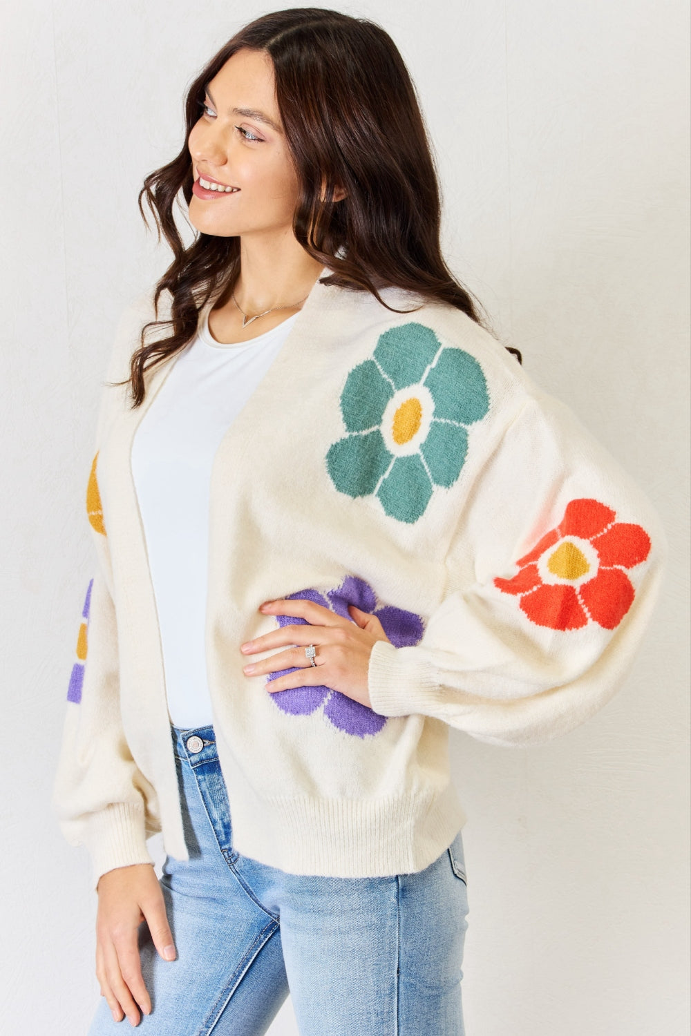 J.NNA Open Front Flower Pattern Long Sleeve Sweater Cardigan - The Boutie Shop