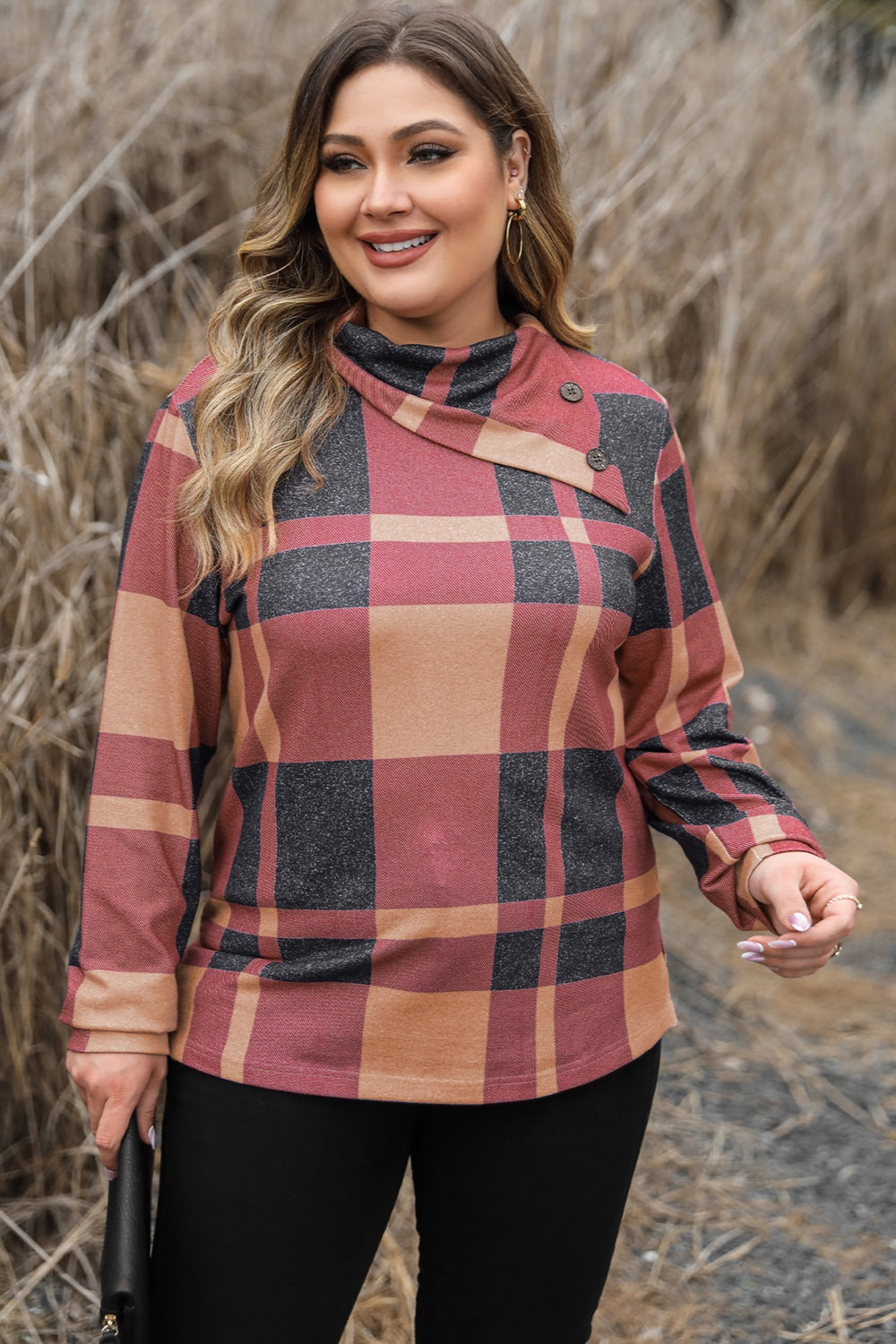 Plus Size Plaid Cowl Neck Long Sleeve Sweatshirt - The Boutie Shop