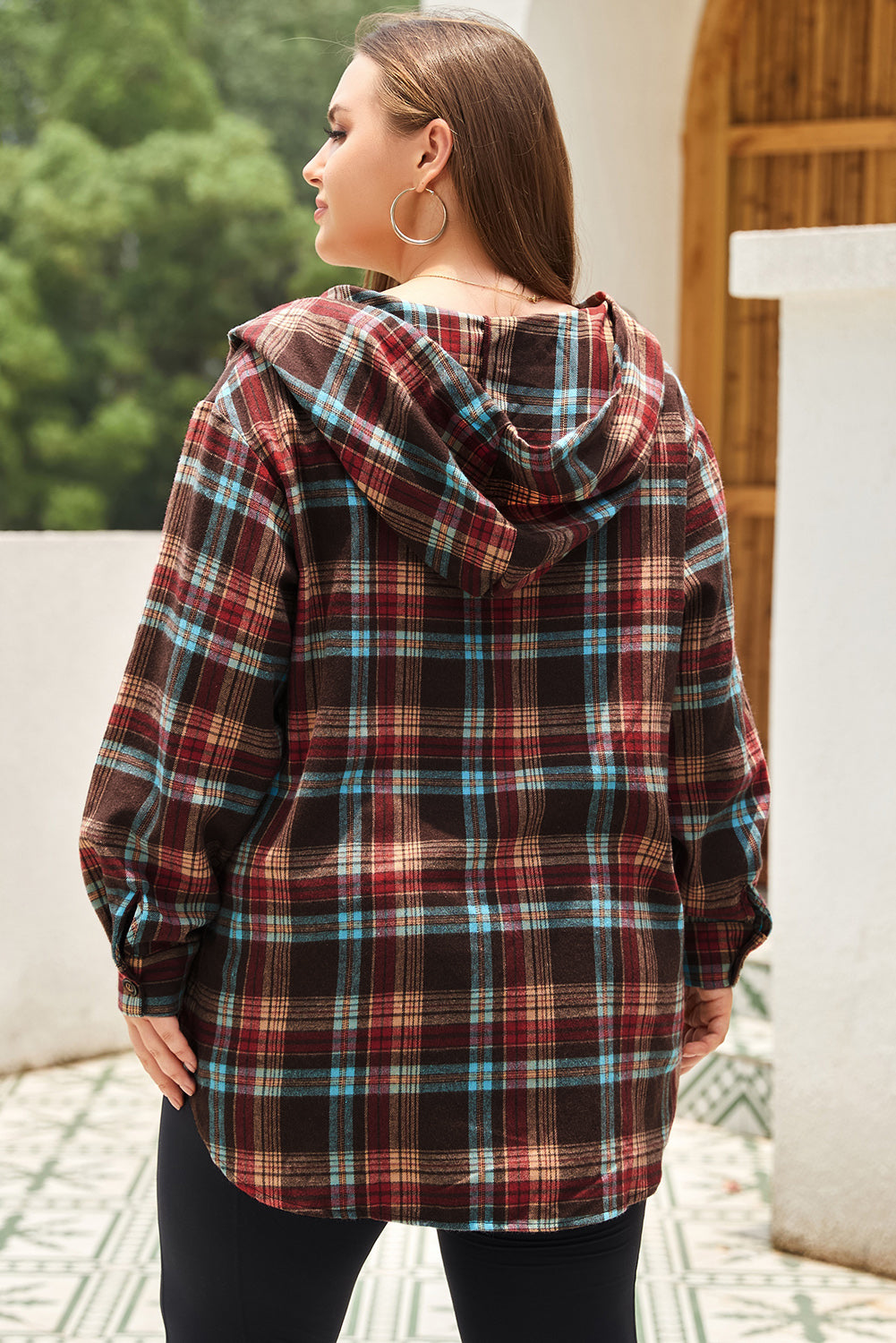 Plus Size Drawstring Plaid Quarter Button Hoodie - The Boutie Shop