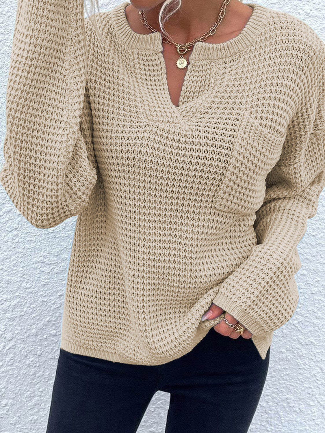 Notched Long Sleeve Sweater - The Boutie Shop