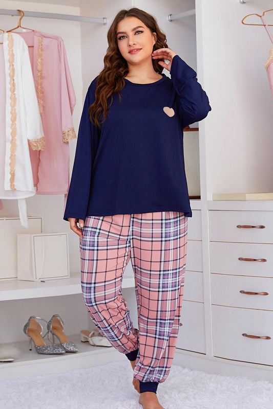 Plus Size Heart Graphic Top and Plaid Joggers Lounge Set - The Boutie Shop