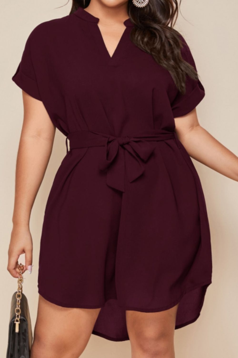 Plus Size Notched Tie Waist Mini Dress - The Boutie Shop