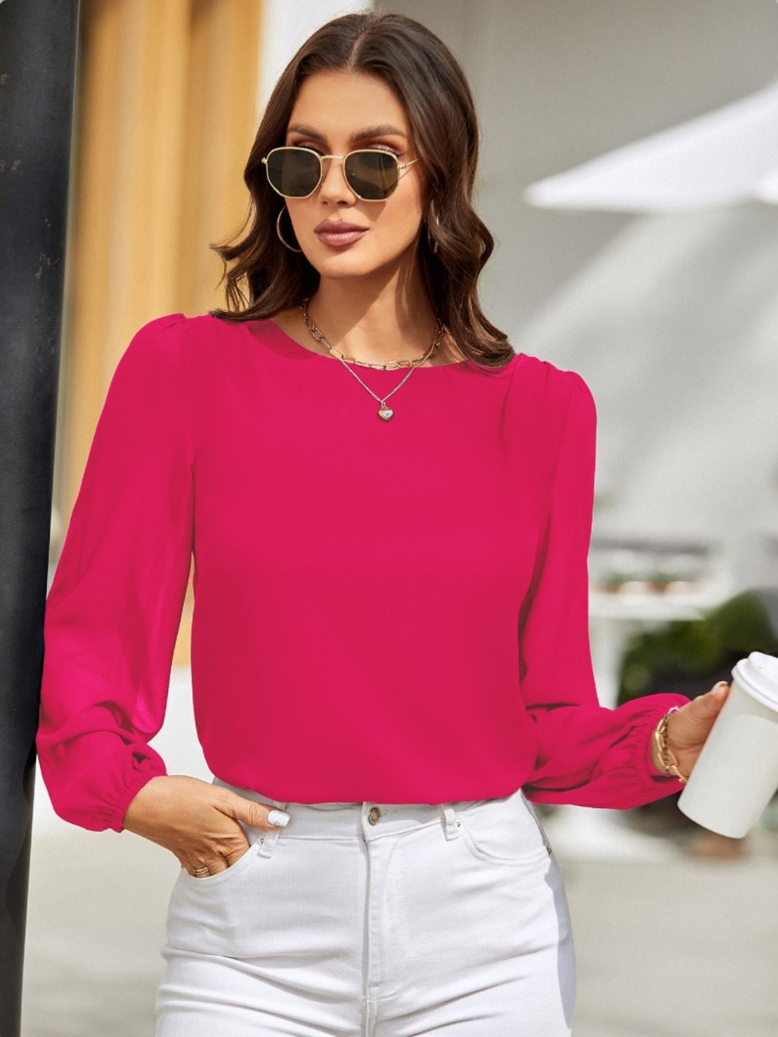 Round Neck Long Sleeve Blouse - The Boutie Shop