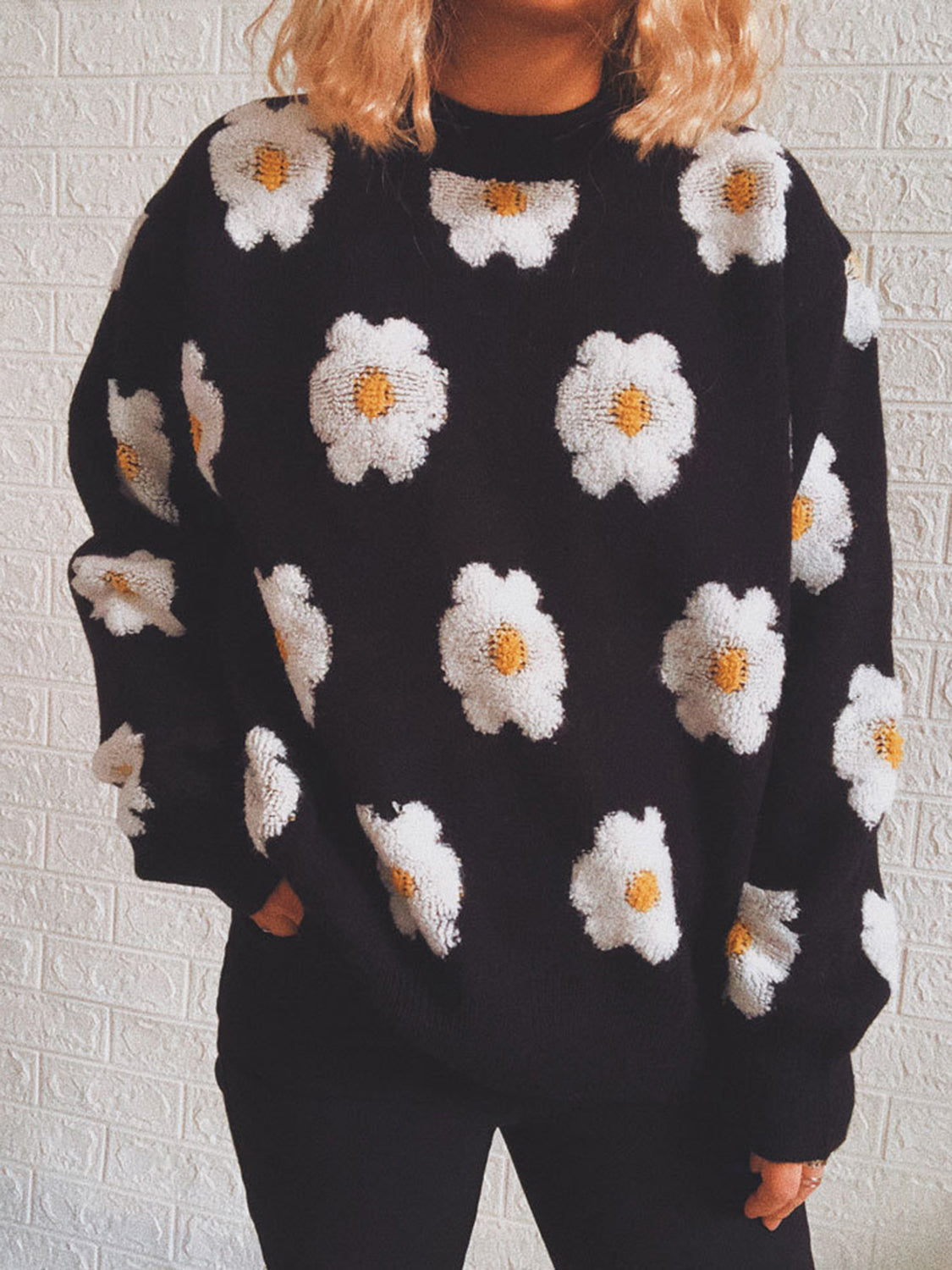 Flower Round Neck Long Sleeve Sweater - The Boutie Shop