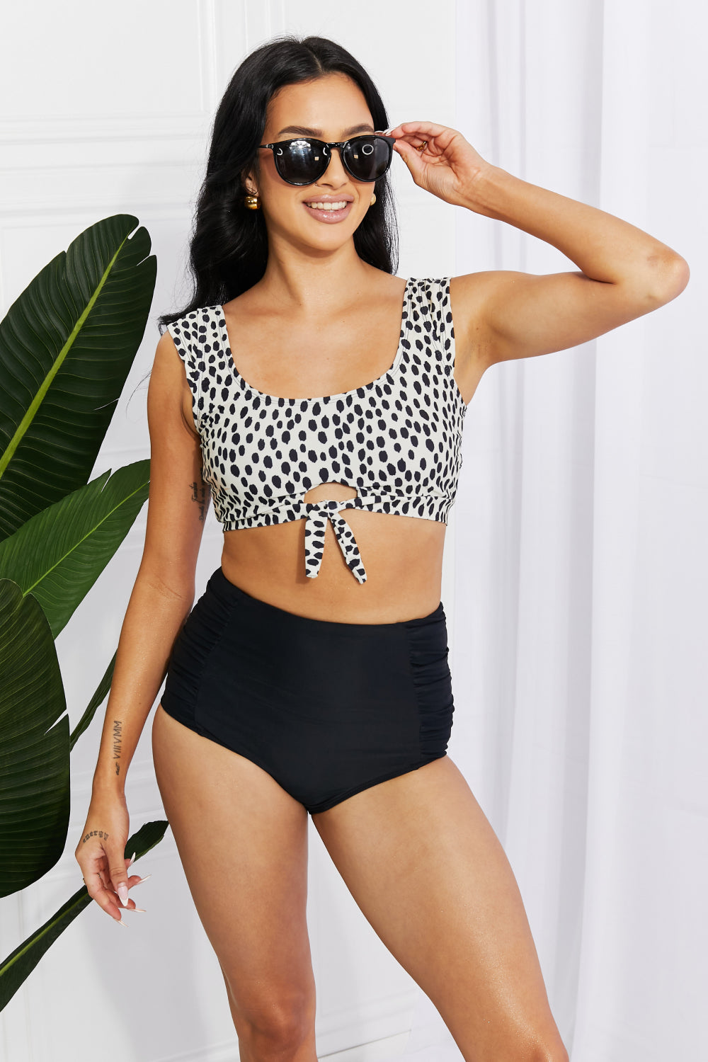 Marina West Swim Sanibel Crop Swim Top and Ruched Bottoms Set in Black - The Boutie Shop