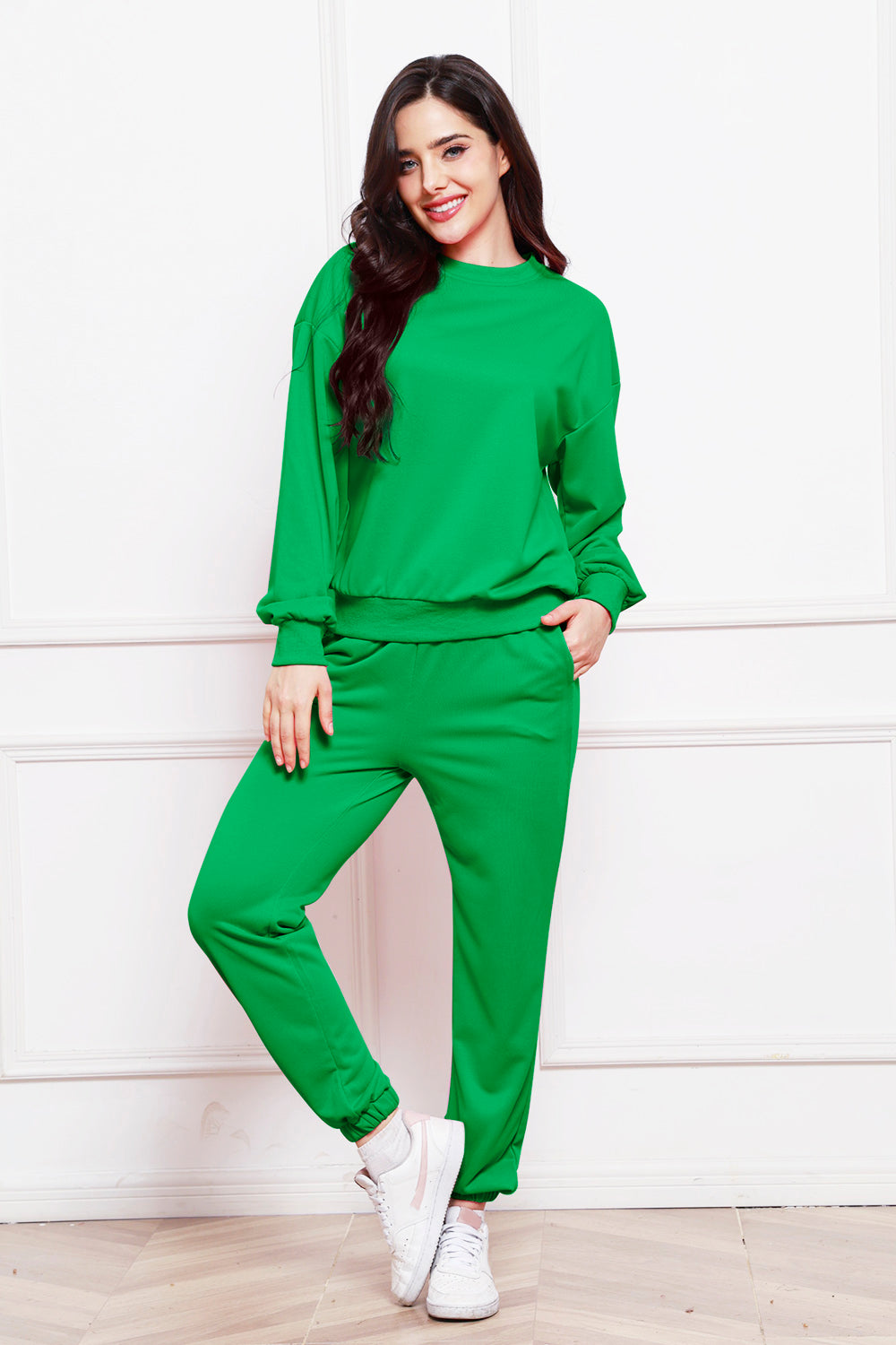 Round Neck Long Sleeve Sweatshirt and Pants Set - The Boutie Shop