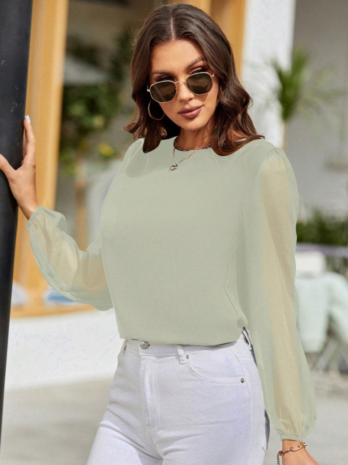 Round Neck Balloon Sleeve Blouse - The Boutie Shop