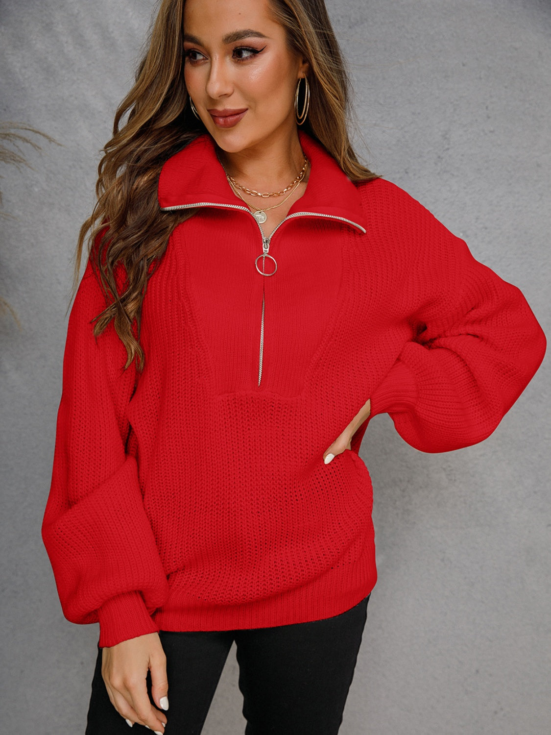 Angel Wings Half Zip Dropped Shoulder Sweater - The Boutie Shop