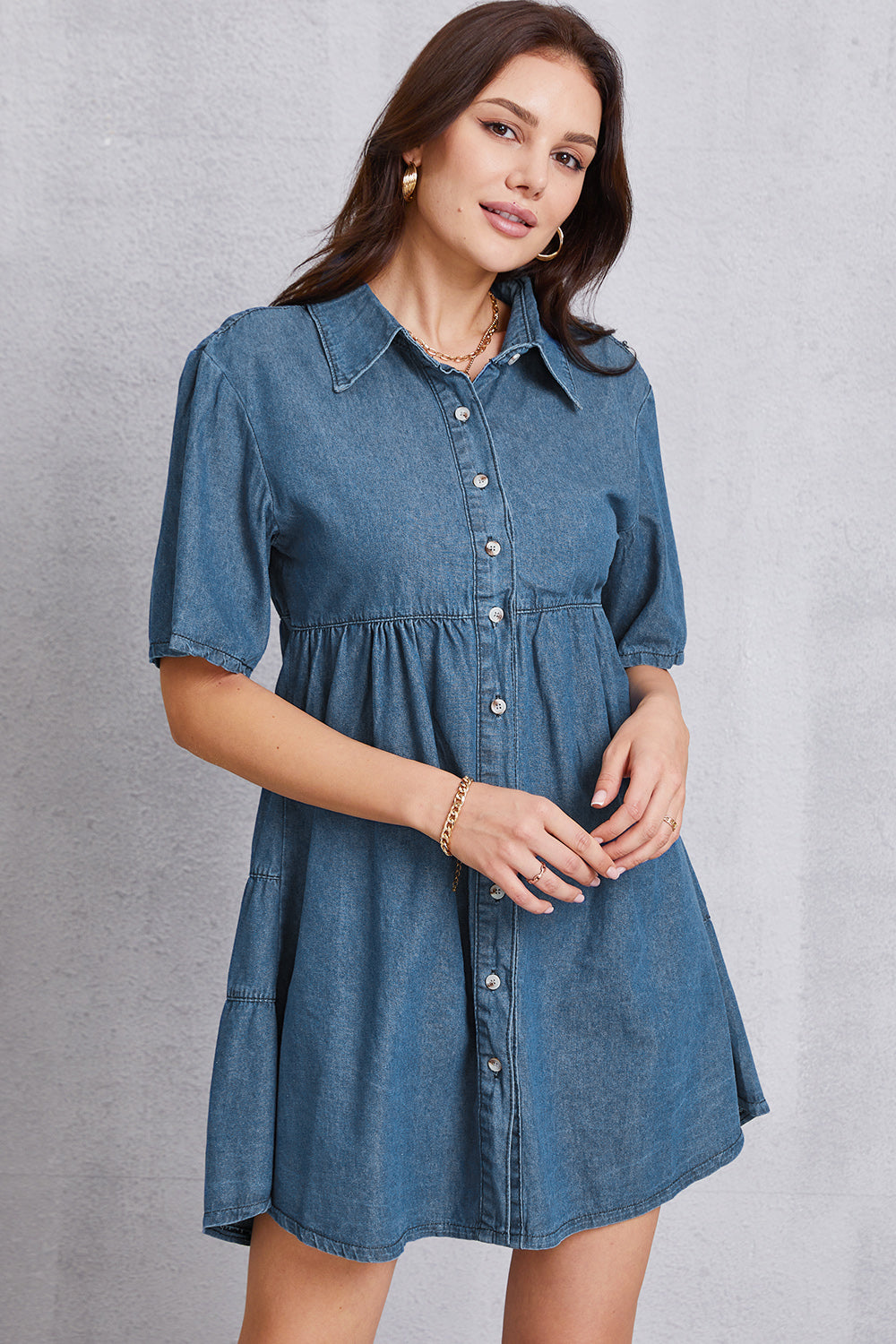 Button Up Collared Neck Tiered Denim Dress - The Boutie Shop