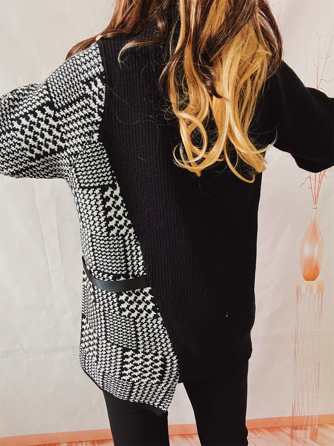 Houndstooth Turtleneck Long Sleeve Slit Sweater - The Boutie Shop