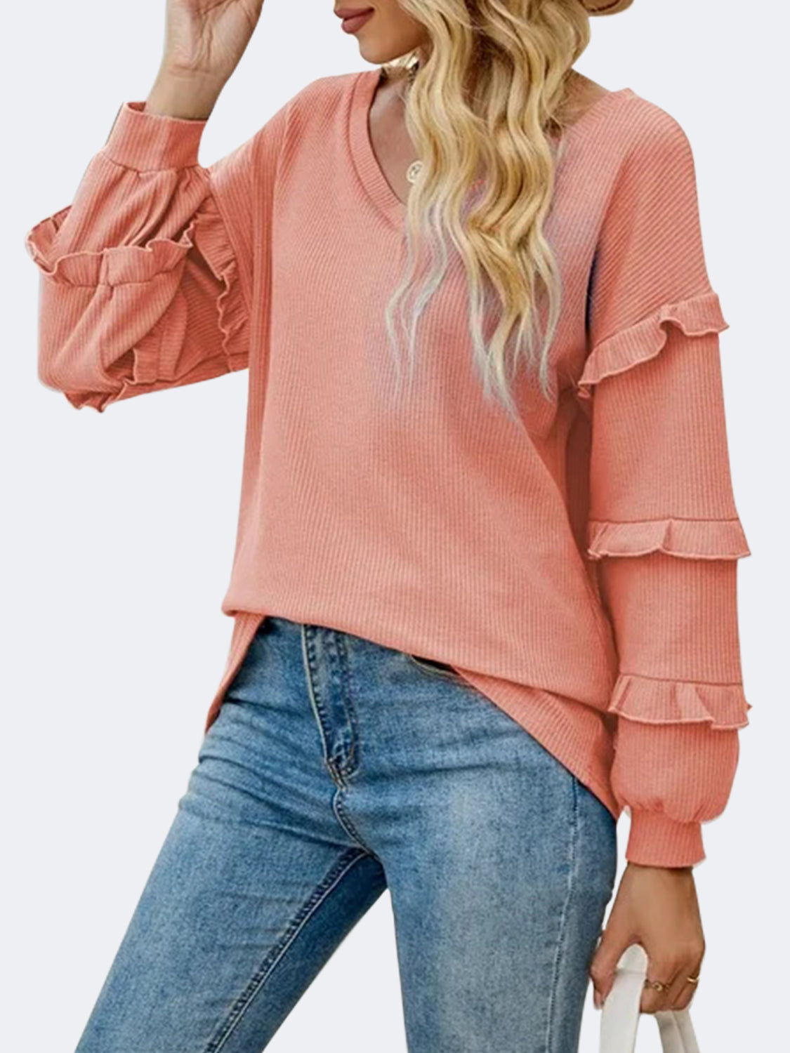 Ruffled V-Neck Long Sleeve T-Shirt - The Boutie Shop