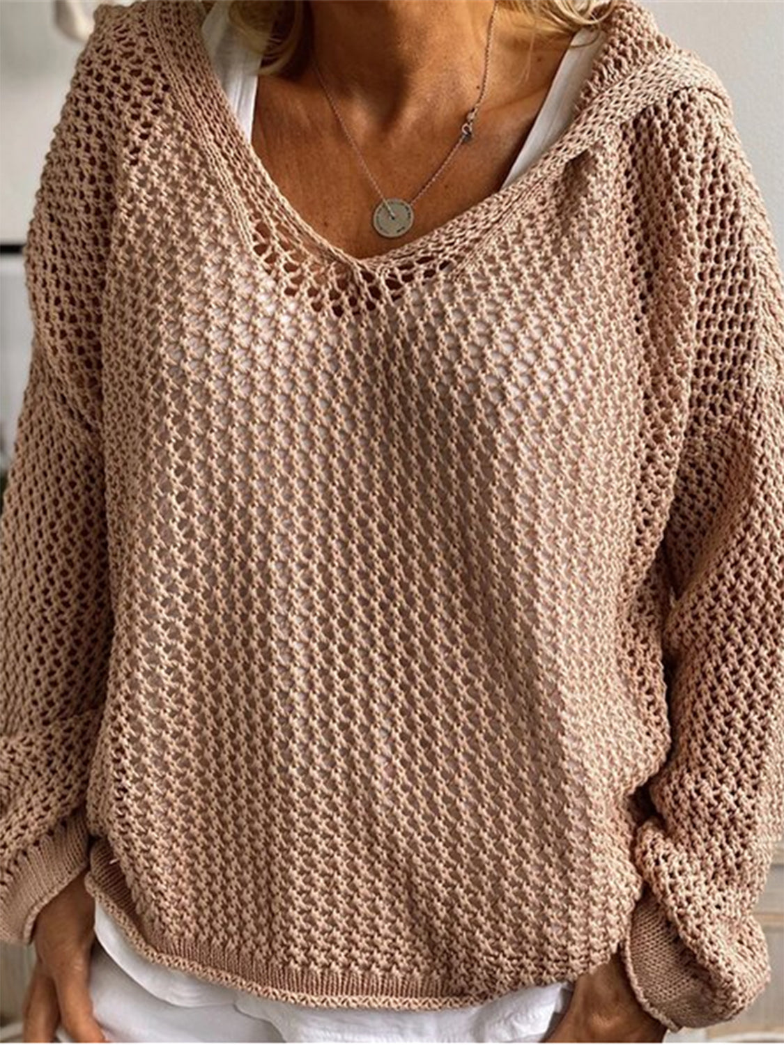 Openwork Hooded Long Sleeve Sweater - The Boutie Shop