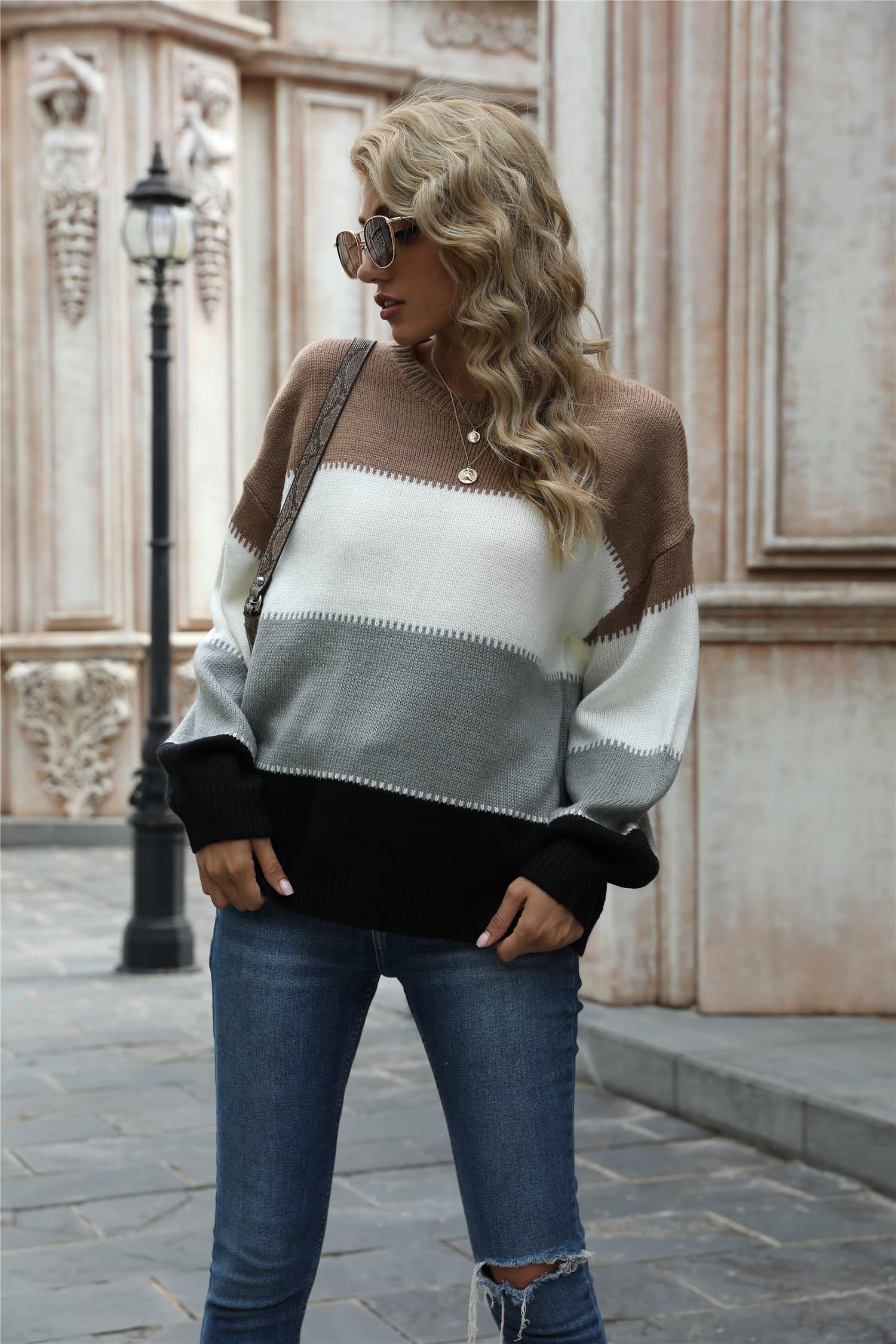 Angel Wings Color Block Round Neck Sweater - The Boutie Shop