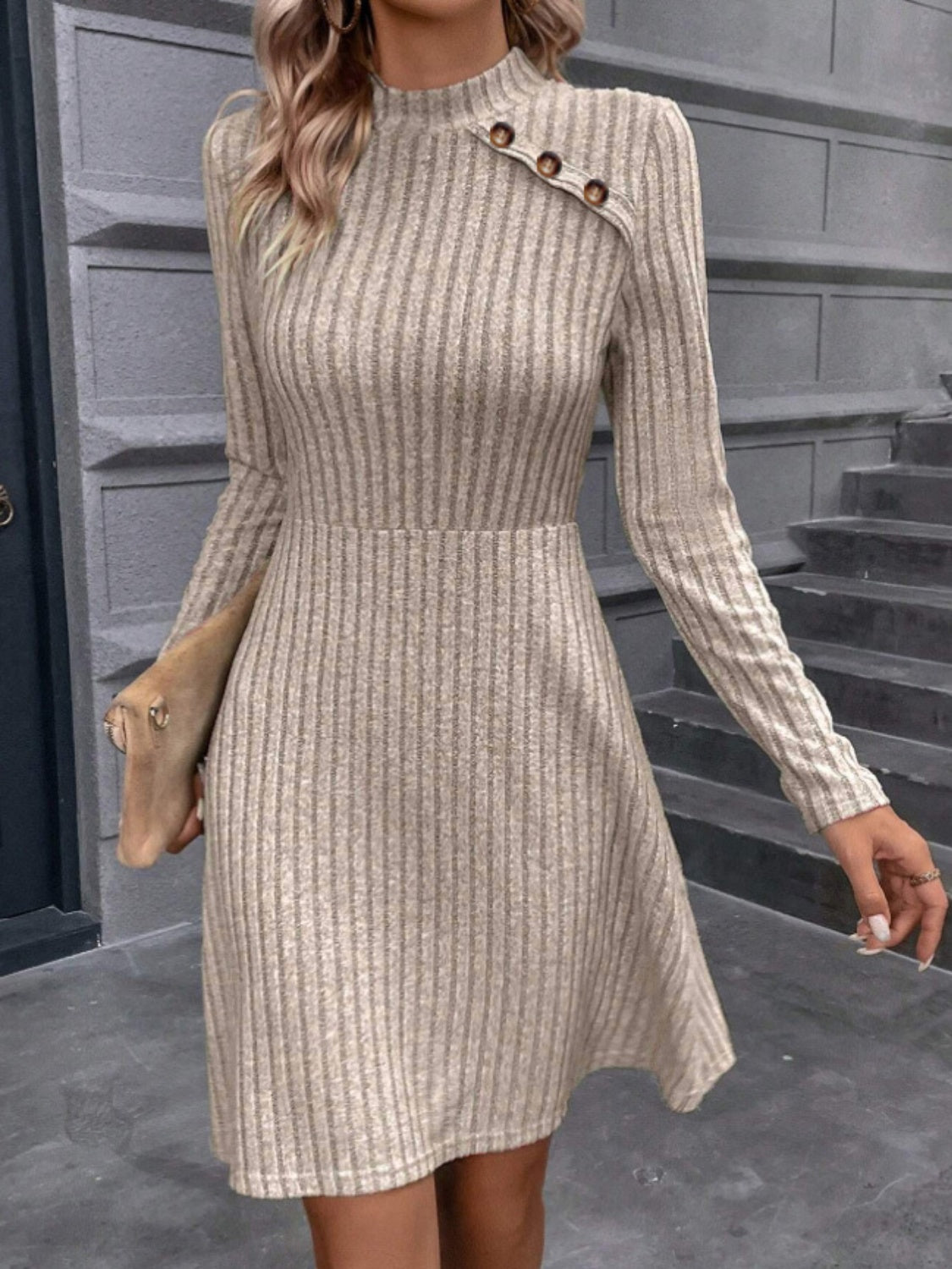 Decorative Button Mock Neck Long Sleeve Sweater Dress - The Boutie Shop