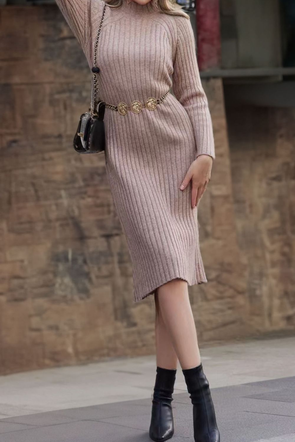 Ribbed Mock Neck Sweater Dress - The Boutie Shop